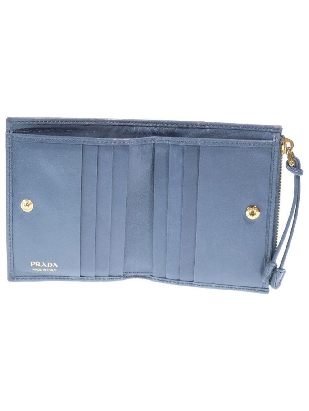Prada Bifold Wallet Compact Coin Case Aviator Blue Soft Looks Leather Gold - Picture 4 of 6